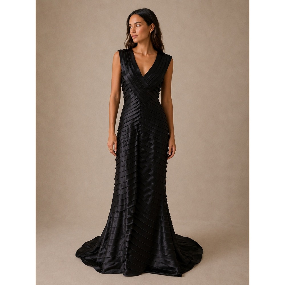 Vtg 80s Tadashi Black Satin Evening Gown M/L Sculptural Mermaid Train Gala Event